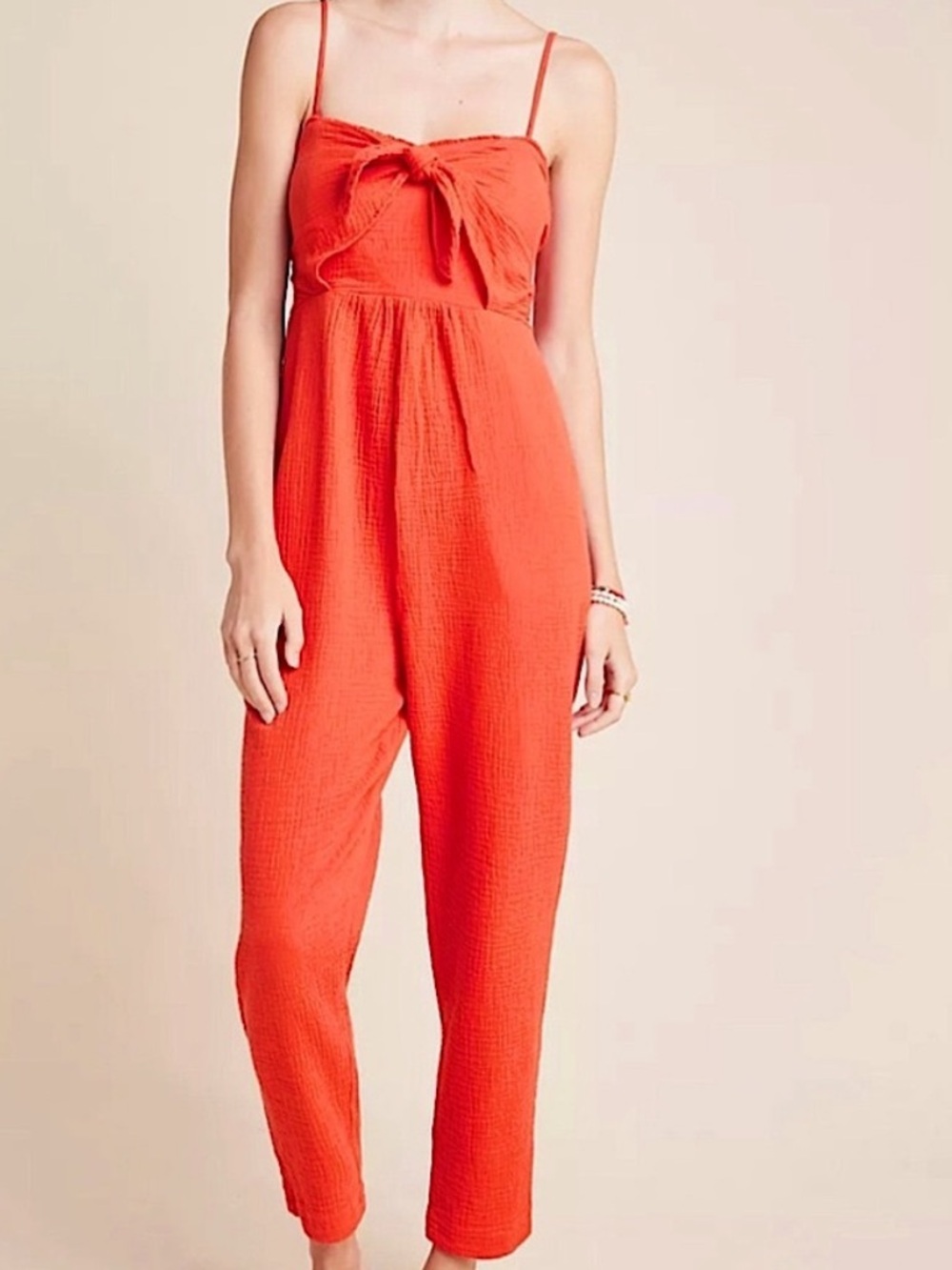 Anthropologie Coral-Red Textured Sleeveless Ruched Backing Jumpsuit